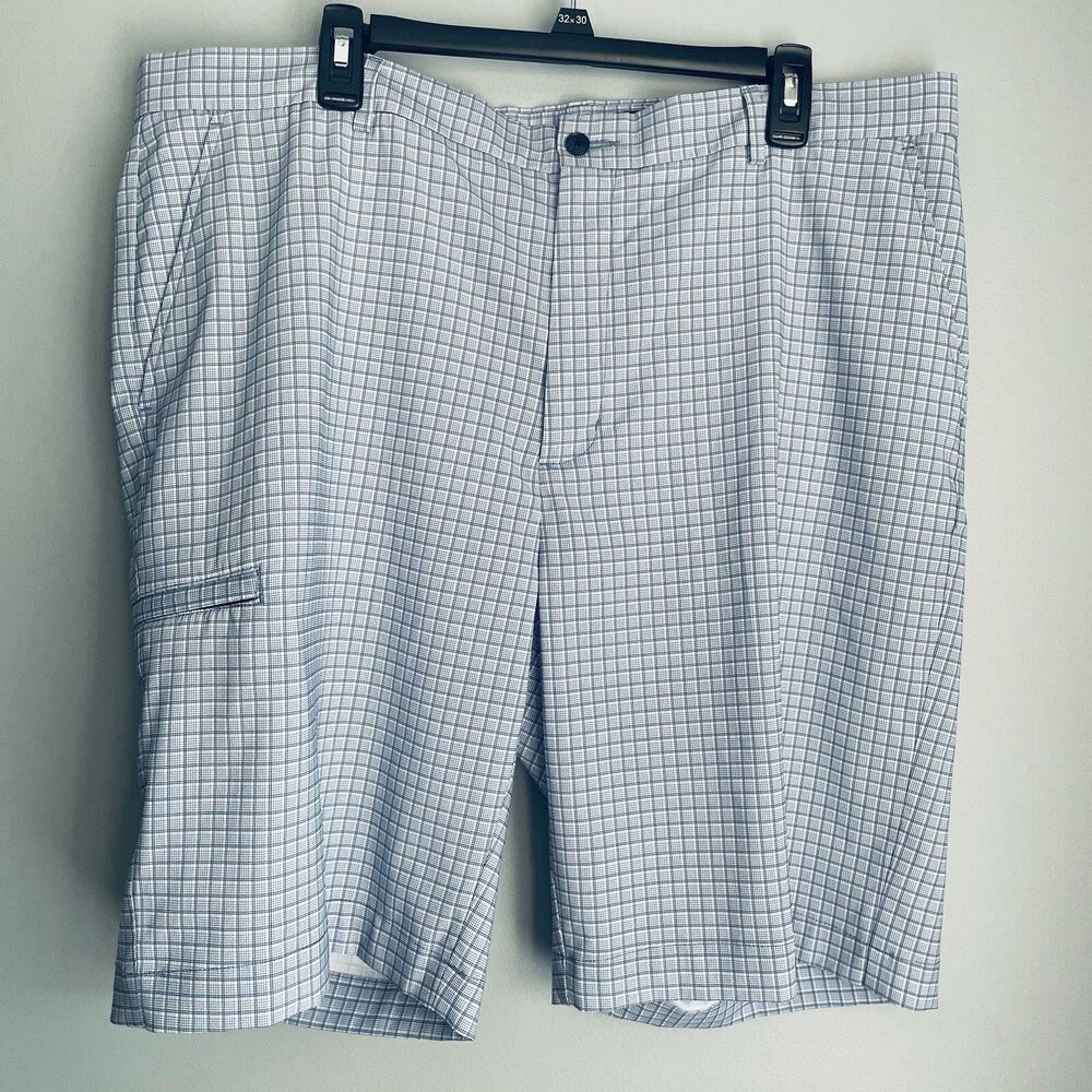 Greg Norman Golf Chino Shorts Mens Size 40 Blue Zip Pocket Check Pattern Stretch